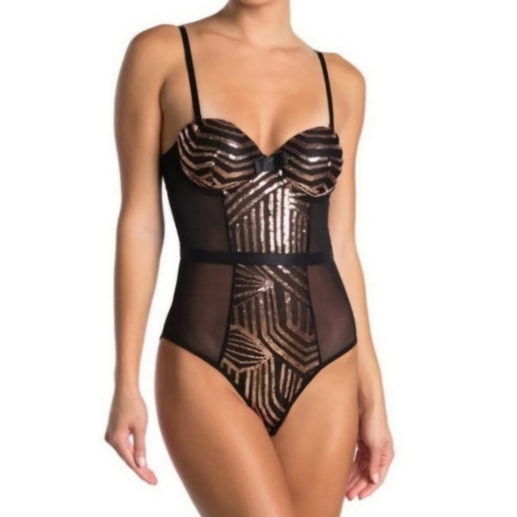 New Gold & Black Mesh Sexy Bodysuit Going Out Party Bling Top, Size M